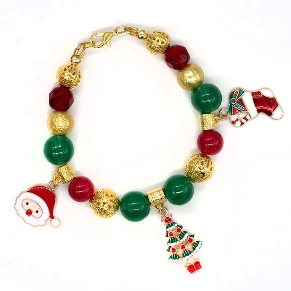 Christmas theme bead bracelet with charms and lobster clasp. Hand Crafted. - Picture 2 of 3